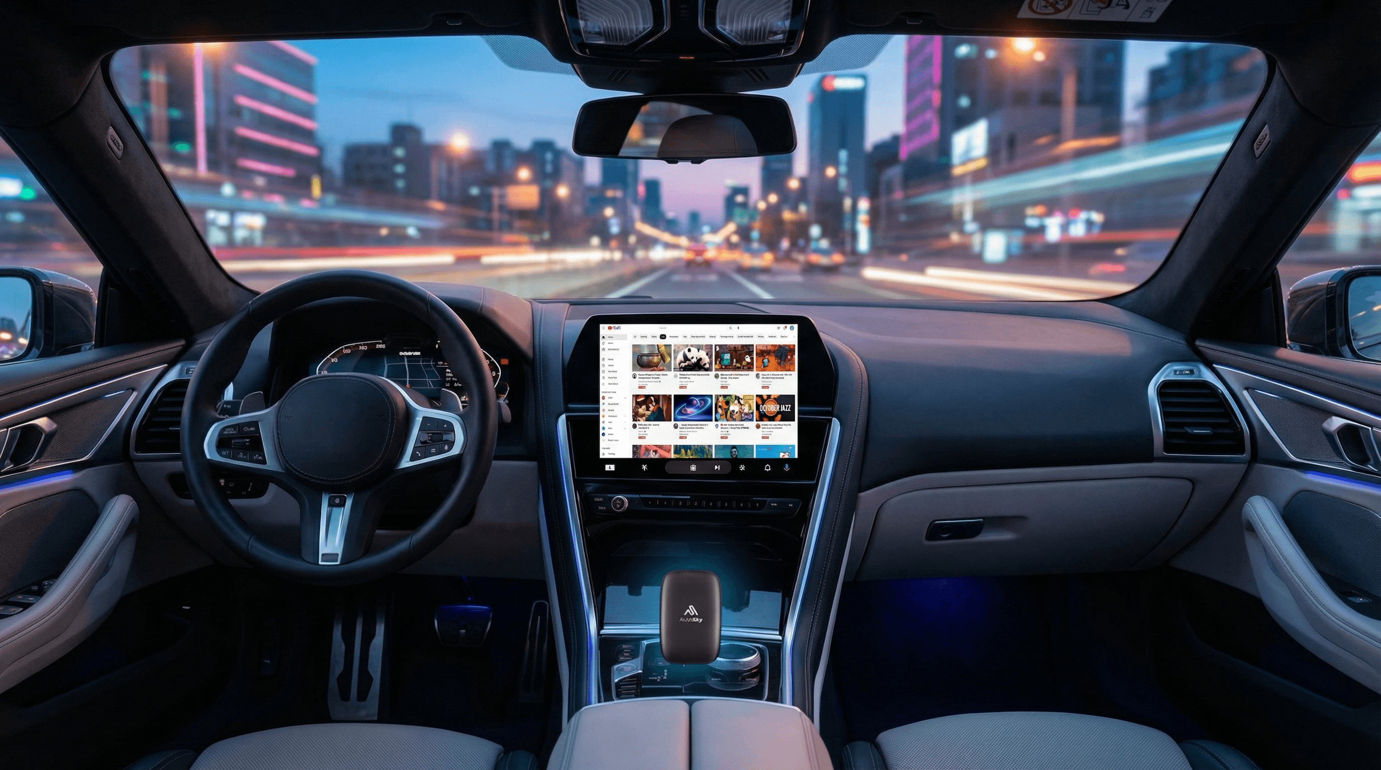 AutoSky device inside a car with city lights